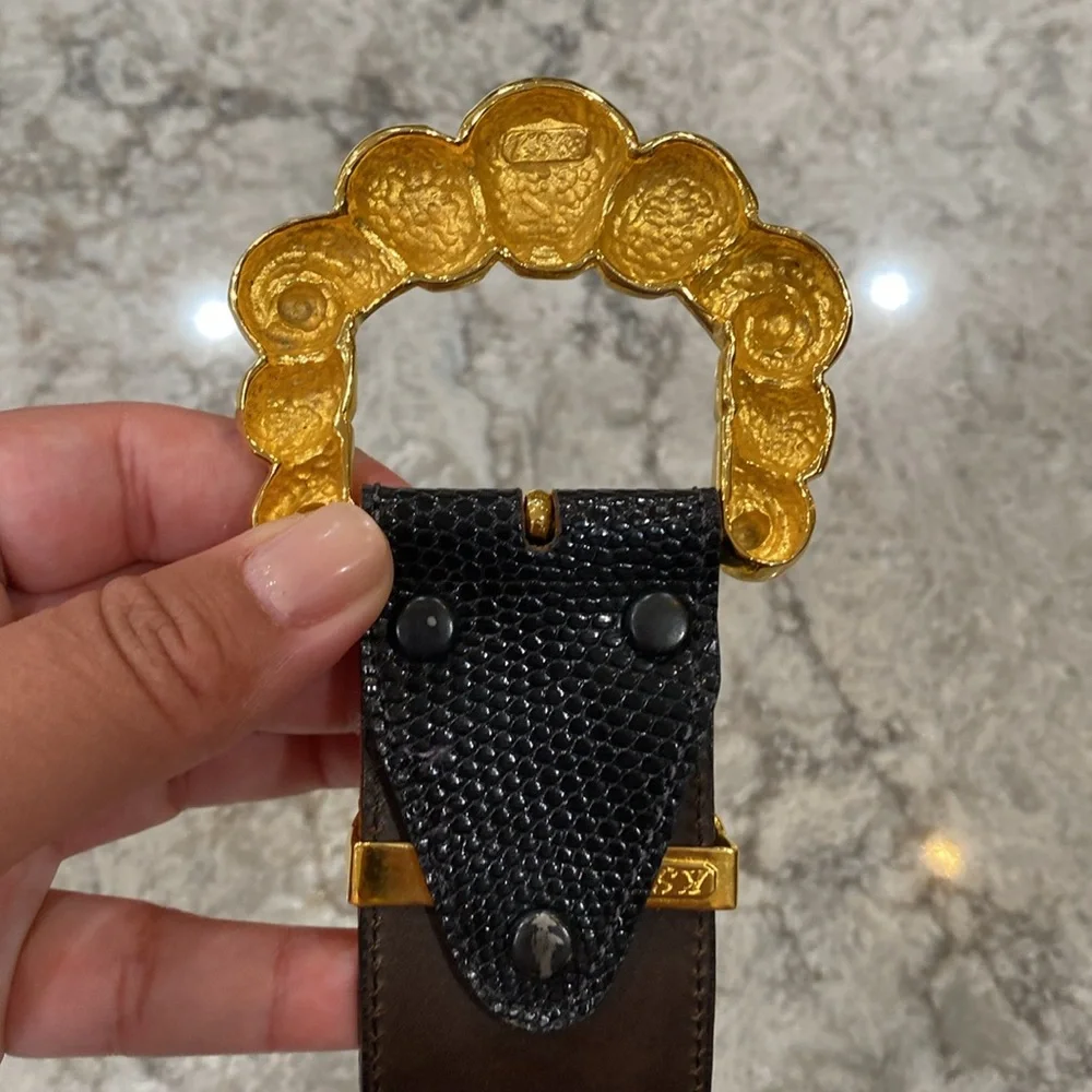 Kleinberg Sherrill Genuine Exotic Leather Belt w/ Gold Bubbly Buckle Detail 1988